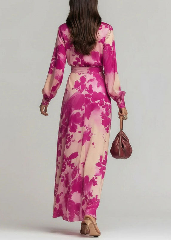 Elegant Pink V Neck Print Lace Up Chiffon Long Dress Fall