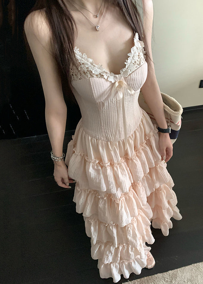 Elegant Pink V Neck Ruffled Lace Spaghetti Strap Dress Sleeveless