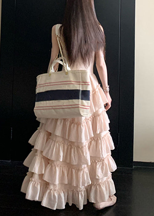 Elegant Pink V Neck Ruffled Lace Spaghetti Strap Dress Sleeveless