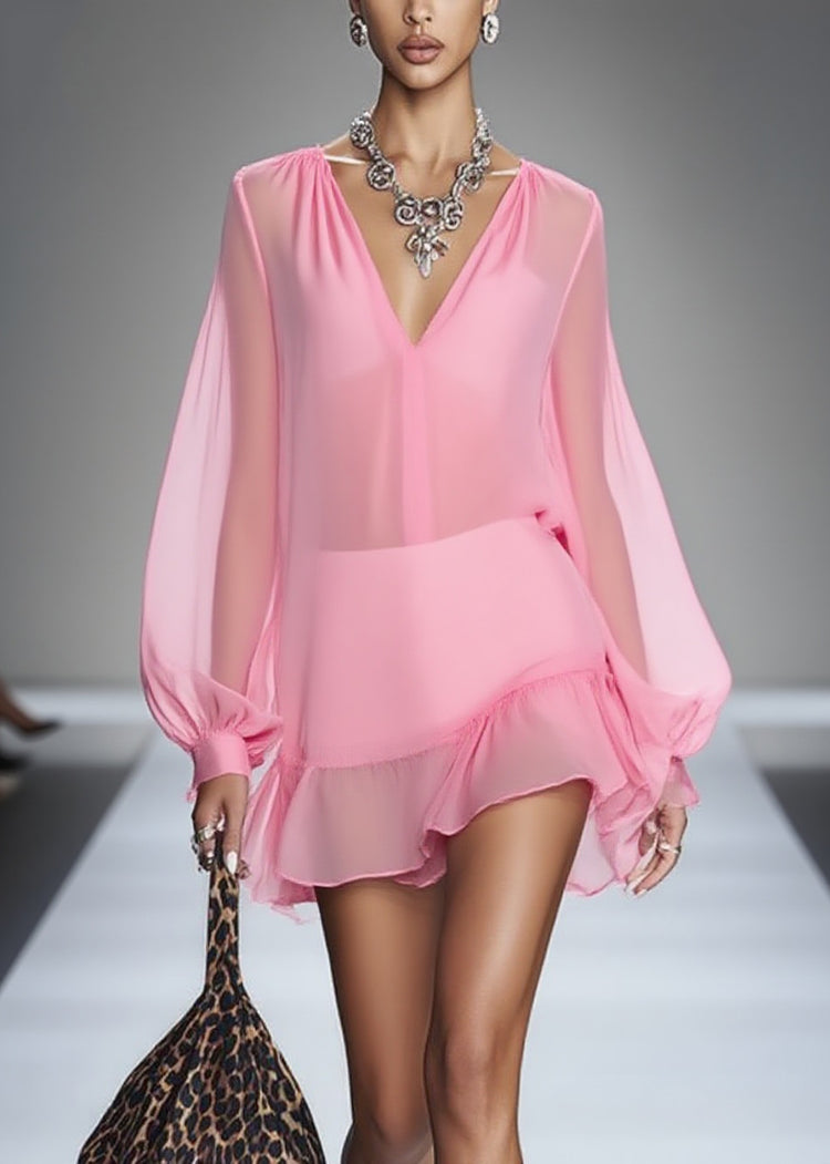 Elegant Pink V Neck Wrinkled Tulle Mid Dress Spring - Omychic