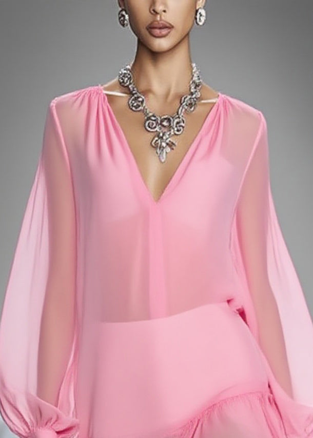 Elegant Pink V Neck Wrinkled Tulle Mid Dress Spring - Omychic