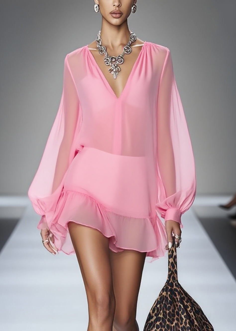 Elegant Pink V Neck Wrinkled Tulle Mid Dress Spring - Omychic