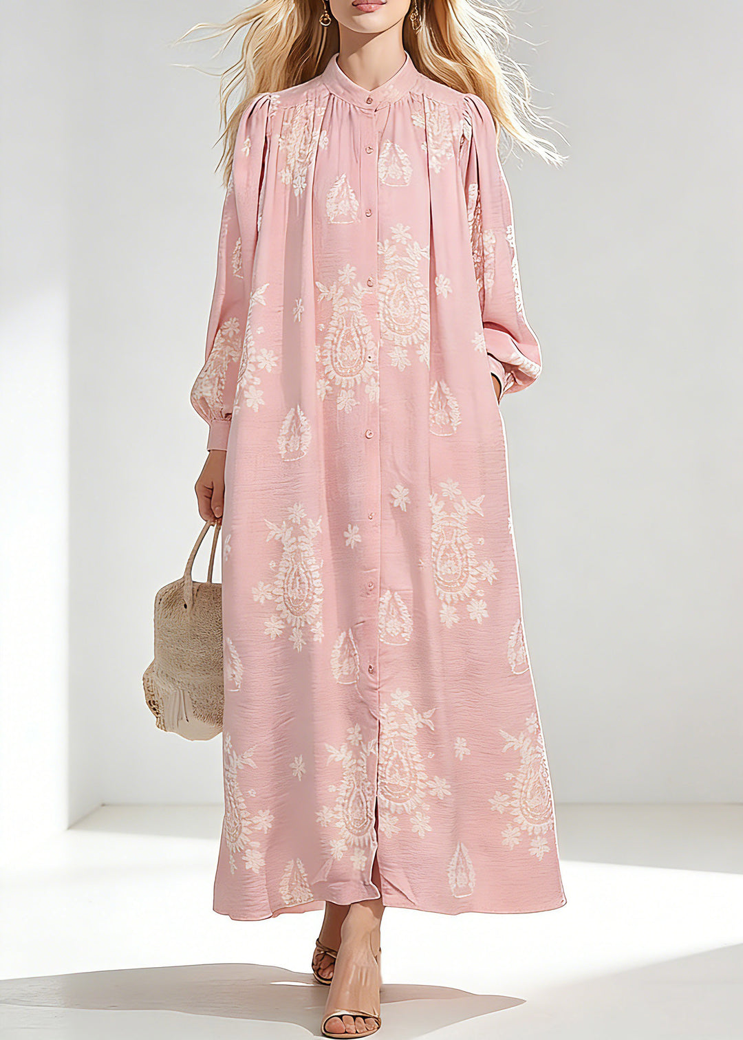 Elegant Pink Wrinkled Butto Long Dress Spring