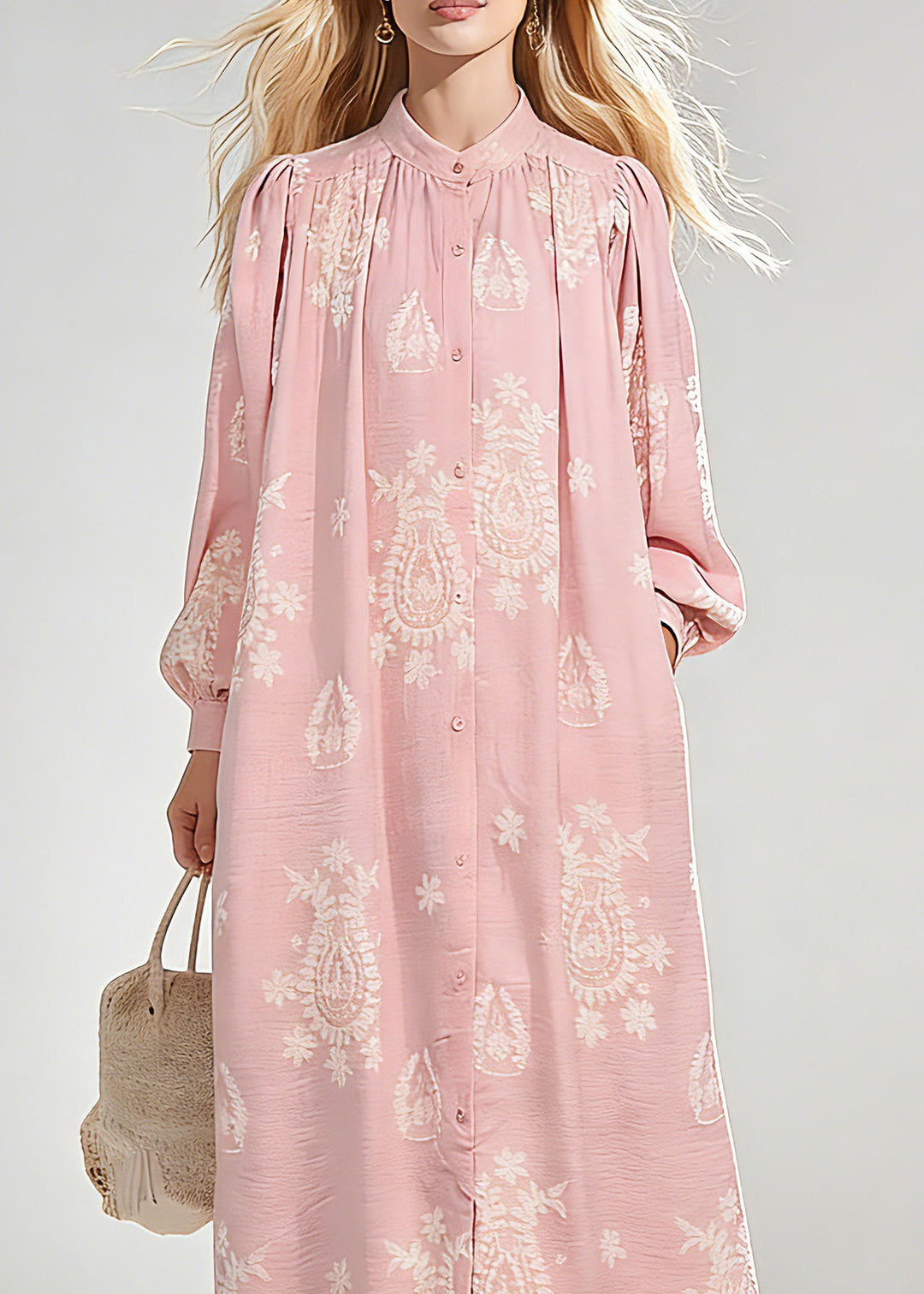 Elegant Pink Wrinkled Butto Long Dress Spring
