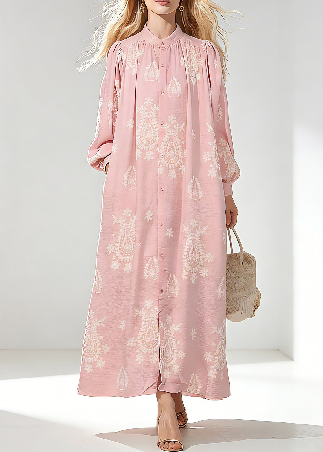 Elegant Pink Wrinkled Butto Long Dress Spring