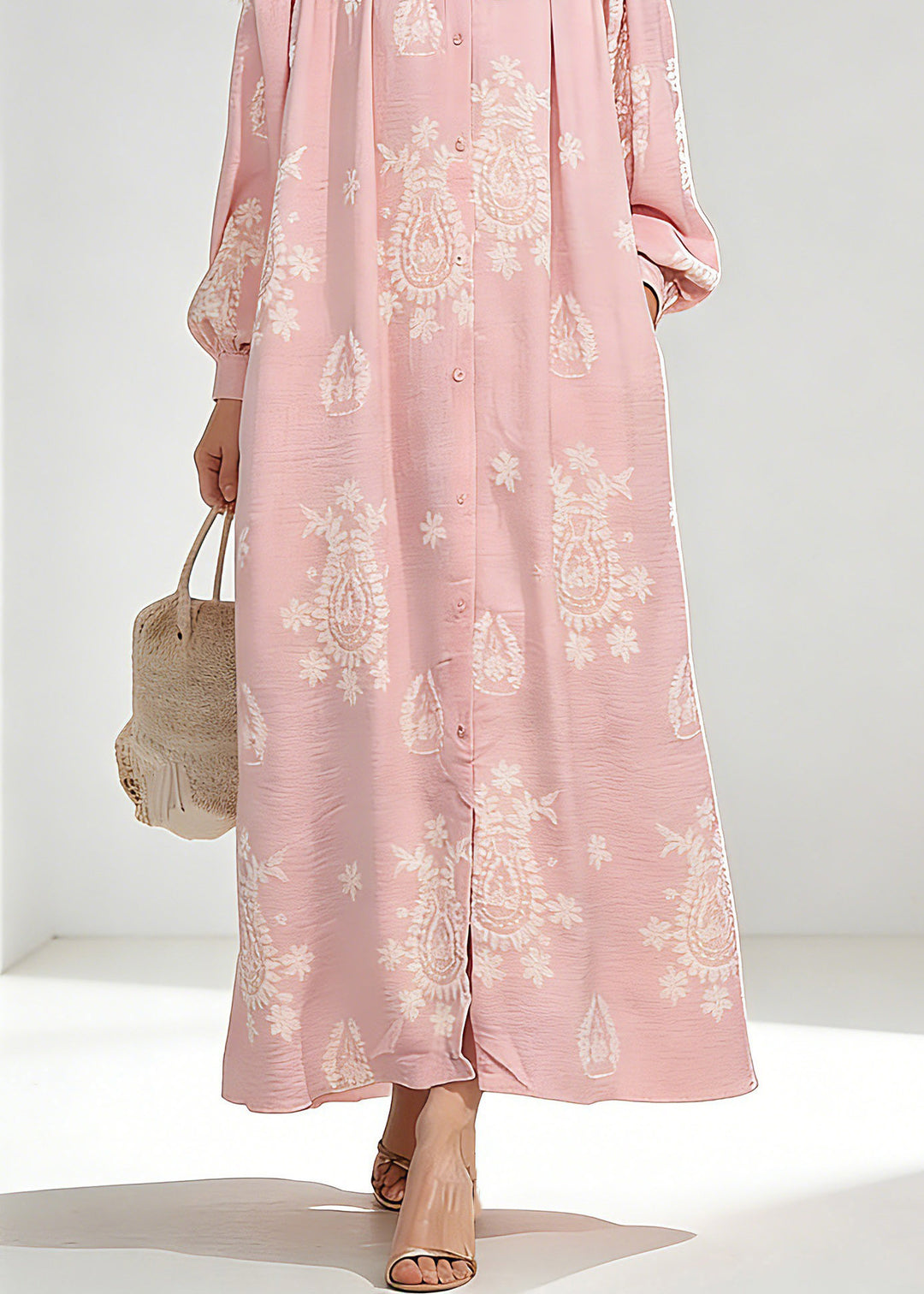 Elegant Pink Wrinkled Butto Long Dress Spring