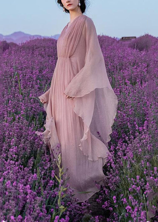 Elegant Pink Wrinkled Solid Silk Long Dress Batwing Sleeve