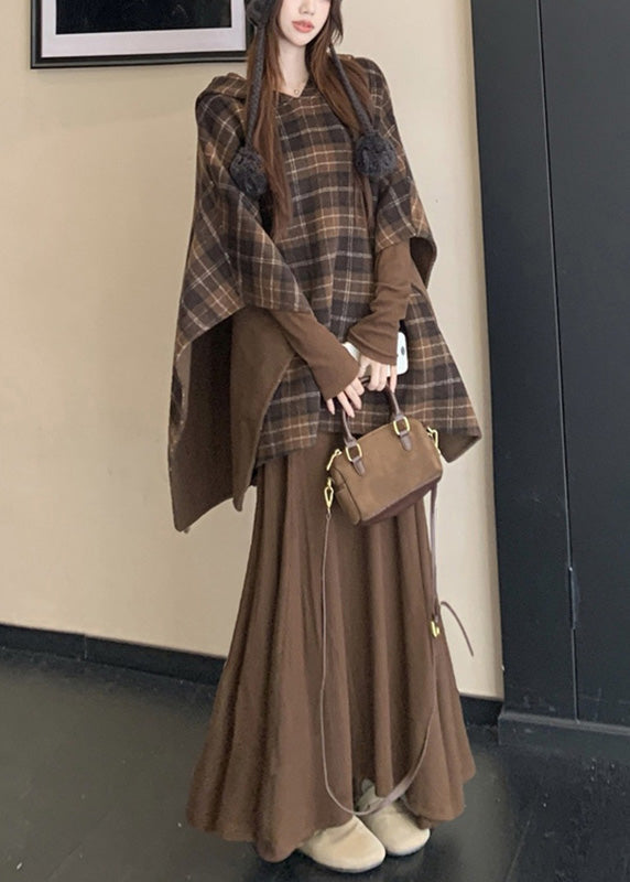 Elegant Plaid Wear On Both Sides Coats And Long Dress Two Pieces Set Cloak Sleeve