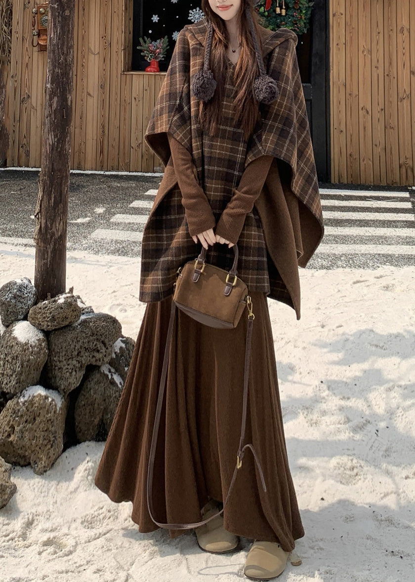 Elegant Plaid Wear On Both Sides Coats And Long Dress Two Pieces Set Cloak Sleeve