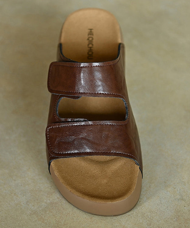 Elegant Platform Brown Cowhide Leather Slide Sandals