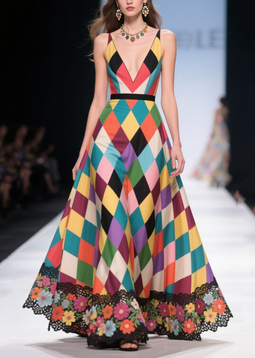 Elegant Polychrome Plaid Patchwork Lace Party Dress Summer