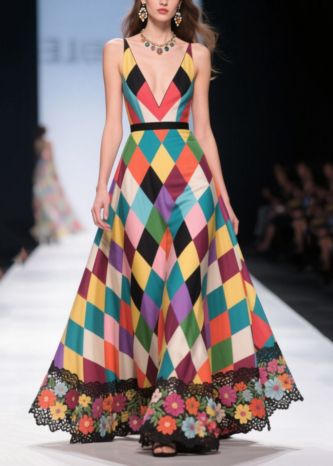 Elegant Polychrome Plaid Patchwork Lace Party Dress Summer