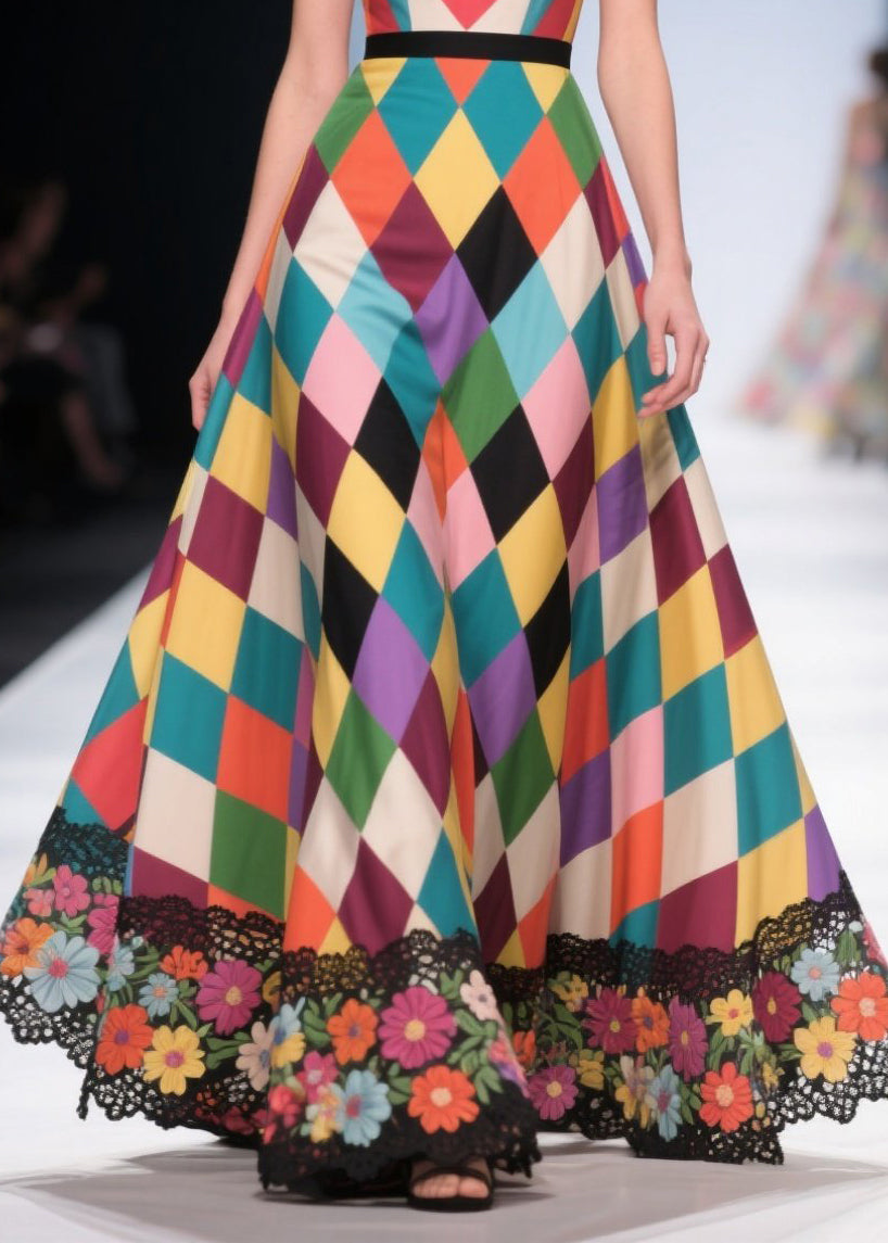Elegant Polychrome Plaid Patchwork Lace Party Dress Summer