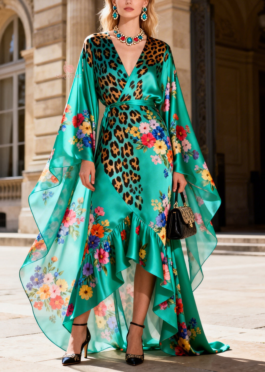 Elegant Print Asymmetrical Design Ruffled Patchwork Silk Dresses Summer