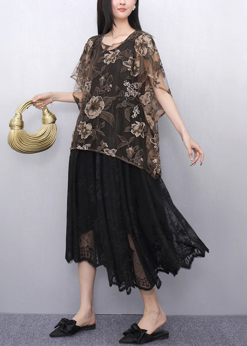 Elegant Print Chiffon Tops And Tulle Dress Two Pieces Set Summer