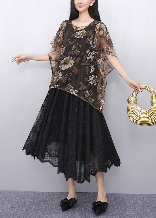 Elegant Print Chiffon Tops And Tulle Dress Two Pieces Set Summer