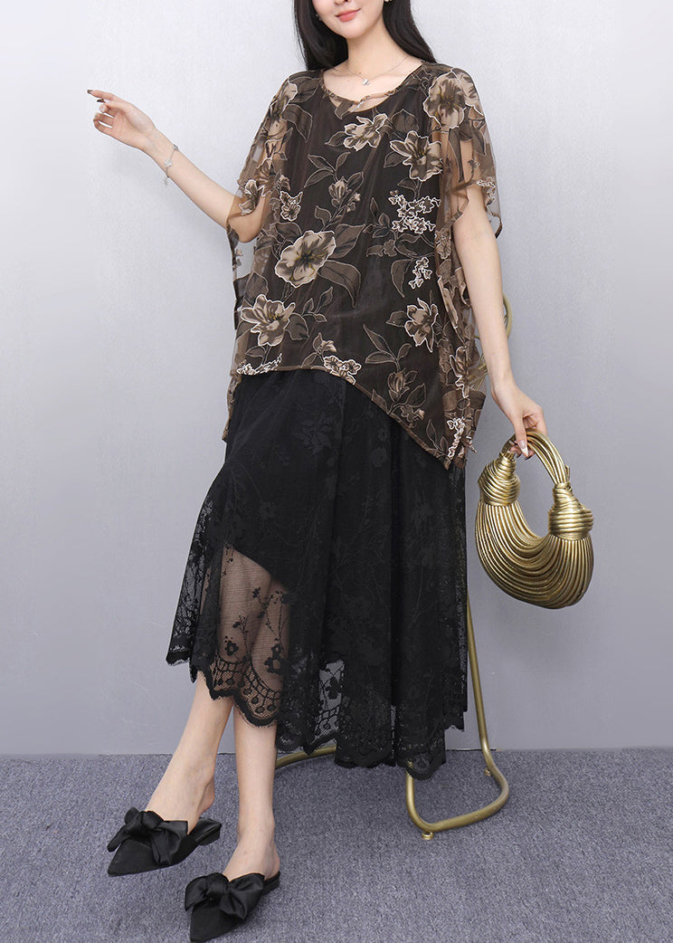 Elegant Print Chiffon Tops And Tulle Dress Two Pieces Set Summer