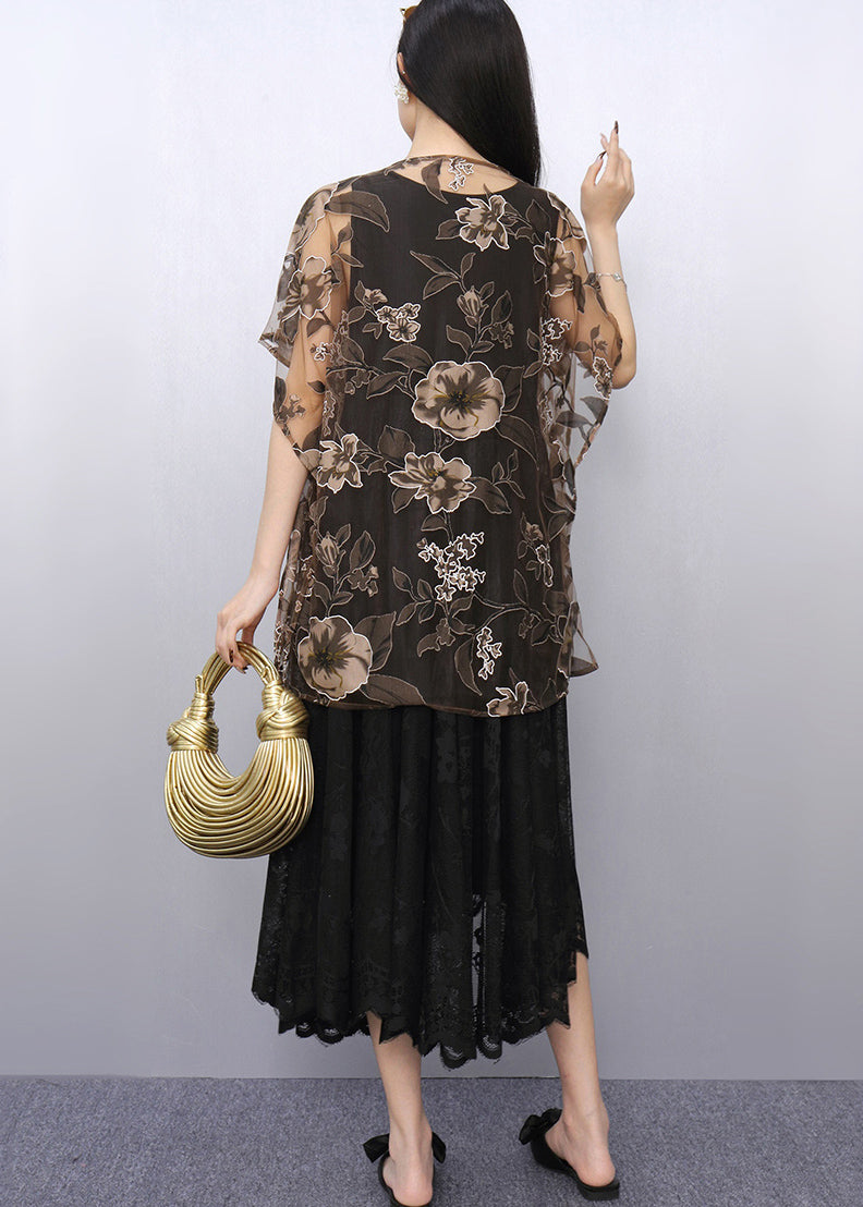 Elegant Print Chiffon Tops And Tulle Dress Two Pieces Set Summer