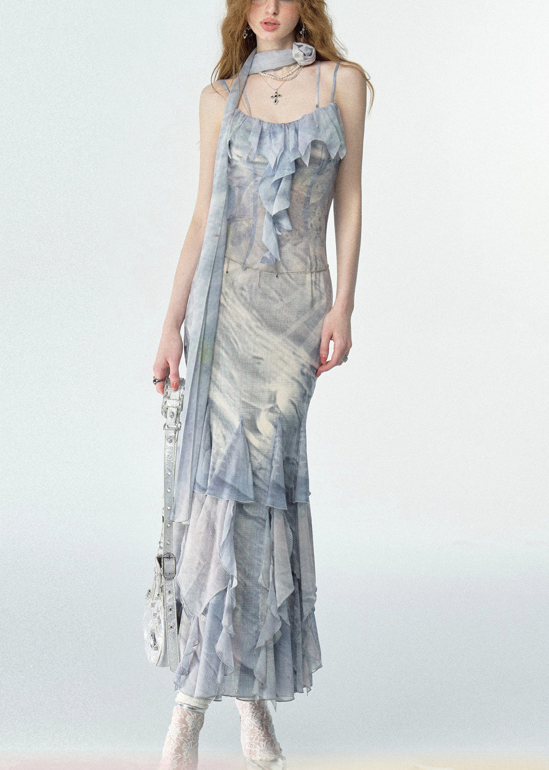 Elegant Print Ruffled Chiffon Long Spaghetti Strap Dresses Summer