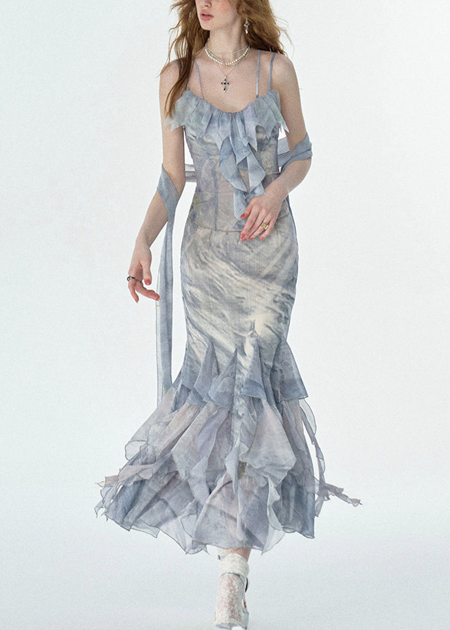 Elegant Print Ruffled Chiffon Long Spaghetti Strap Dresses Summer
