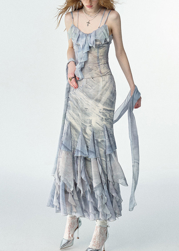 Elegant Print Ruffled Chiffon Long Spaghetti Strap Dresses Summer