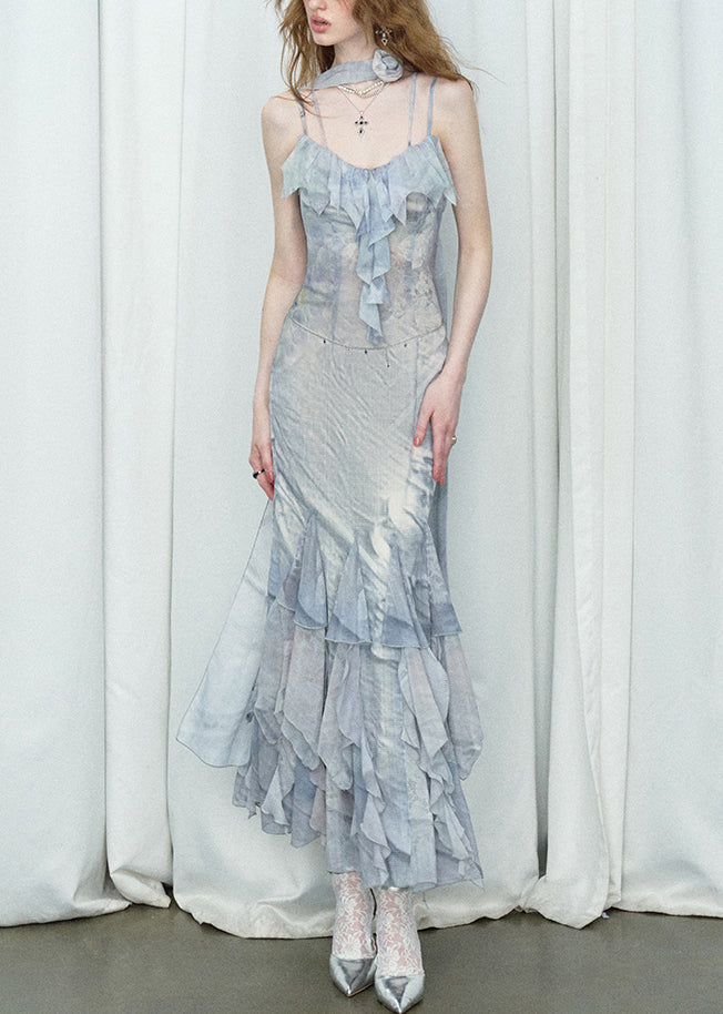 Elegant Print Ruffled Chiffon Long Spaghetti Strap Dresses Summer