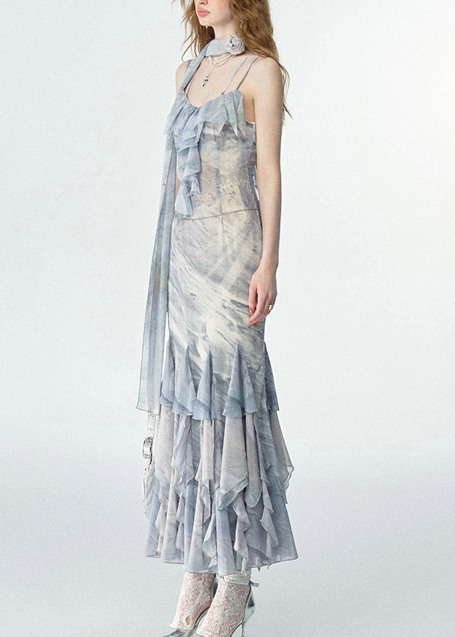 Elegant Print Ruffled Chiffon Long Spaghetti Strap Dresses Summer
