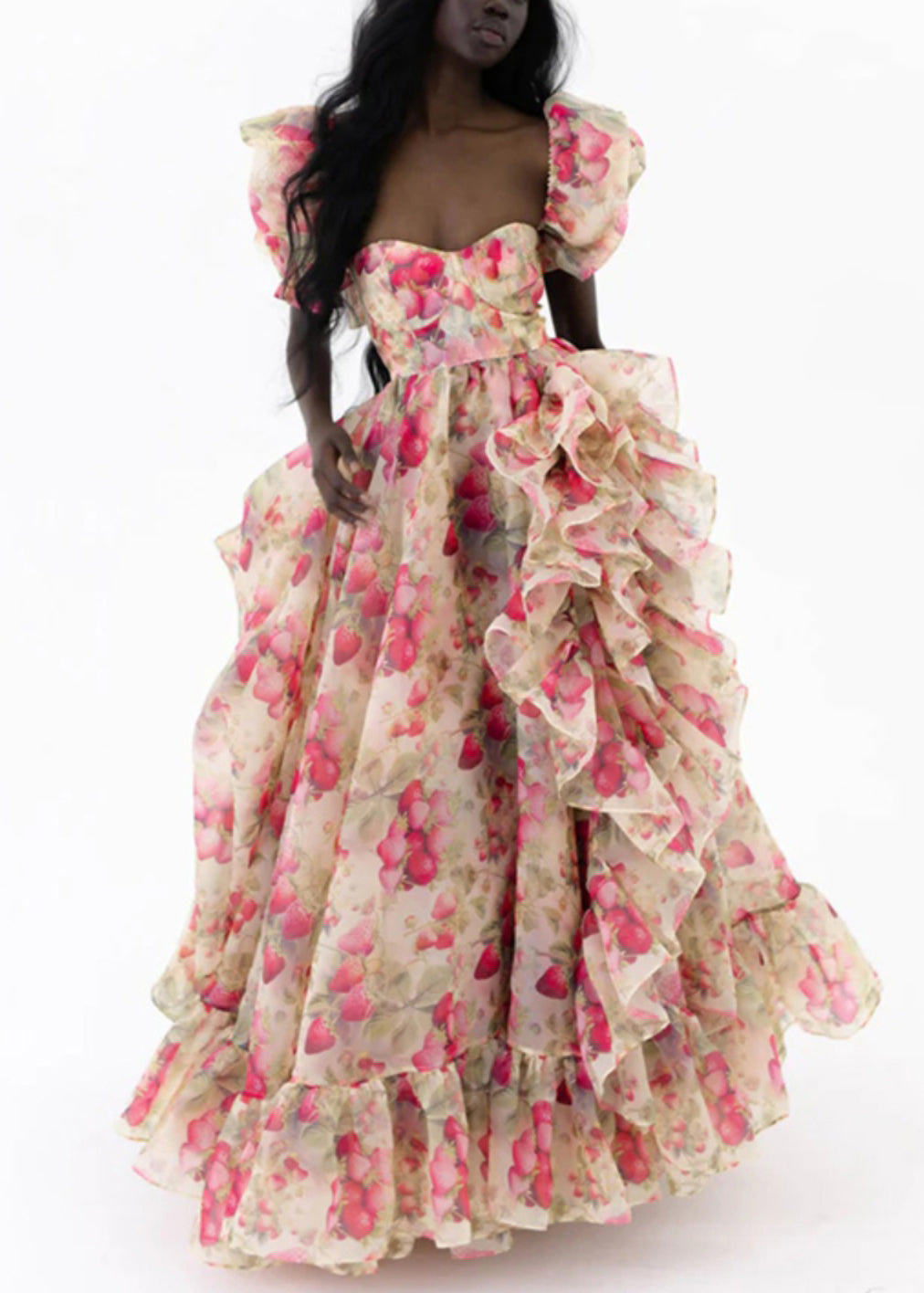 Elegant Print Ruffled High Waist Chiffon Maxi Dresses Puff Sleeve