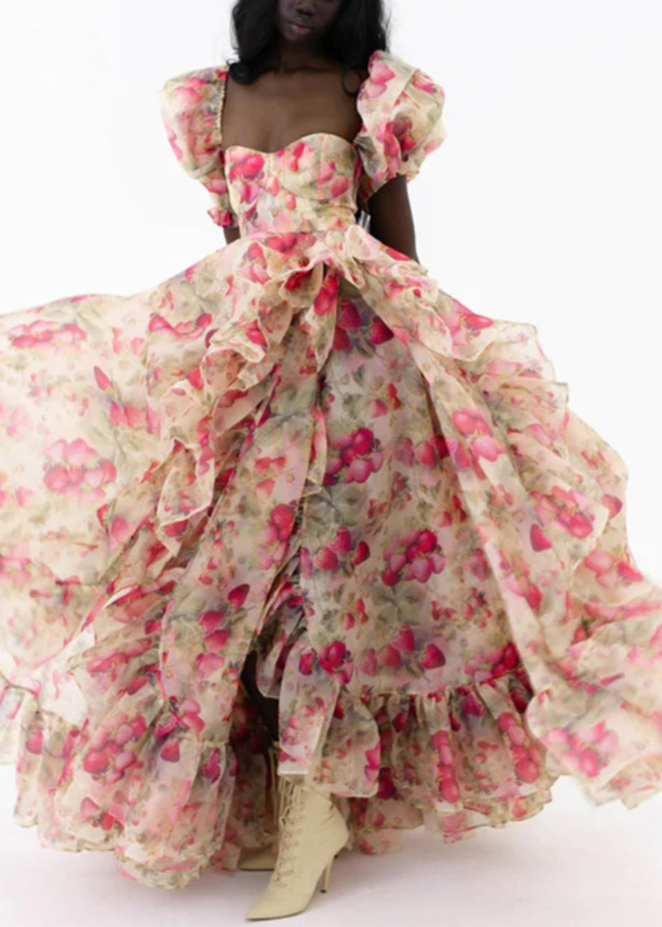 Elegant Print Ruffled High Waist Chiffon Maxi Dresses Puff Sleeve