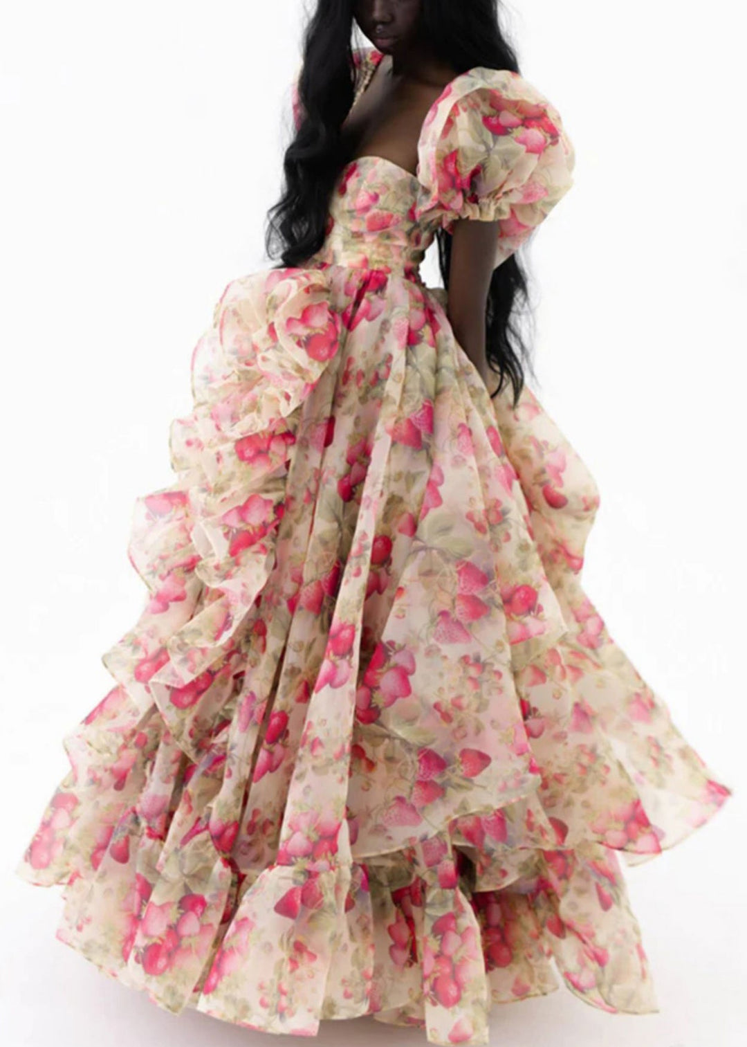 Elegant Print Ruffled High Waist Chiffon Maxi Dresses Puff Sleeve