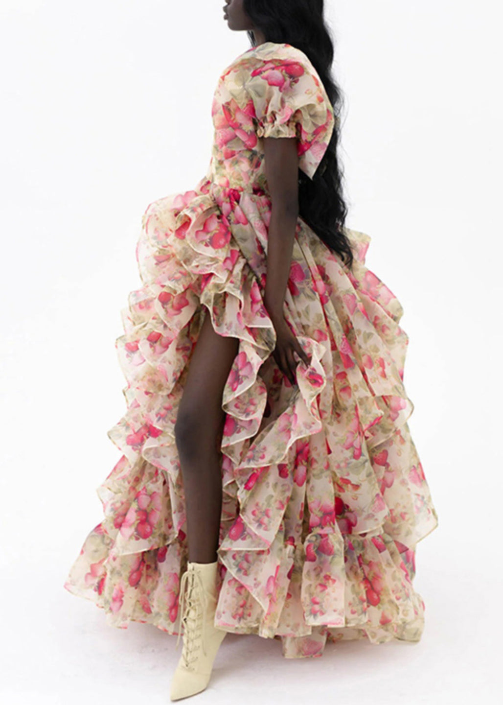 Elegant Print Ruffled High Waist Chiffon Maxi Dresses Puff Sleeve