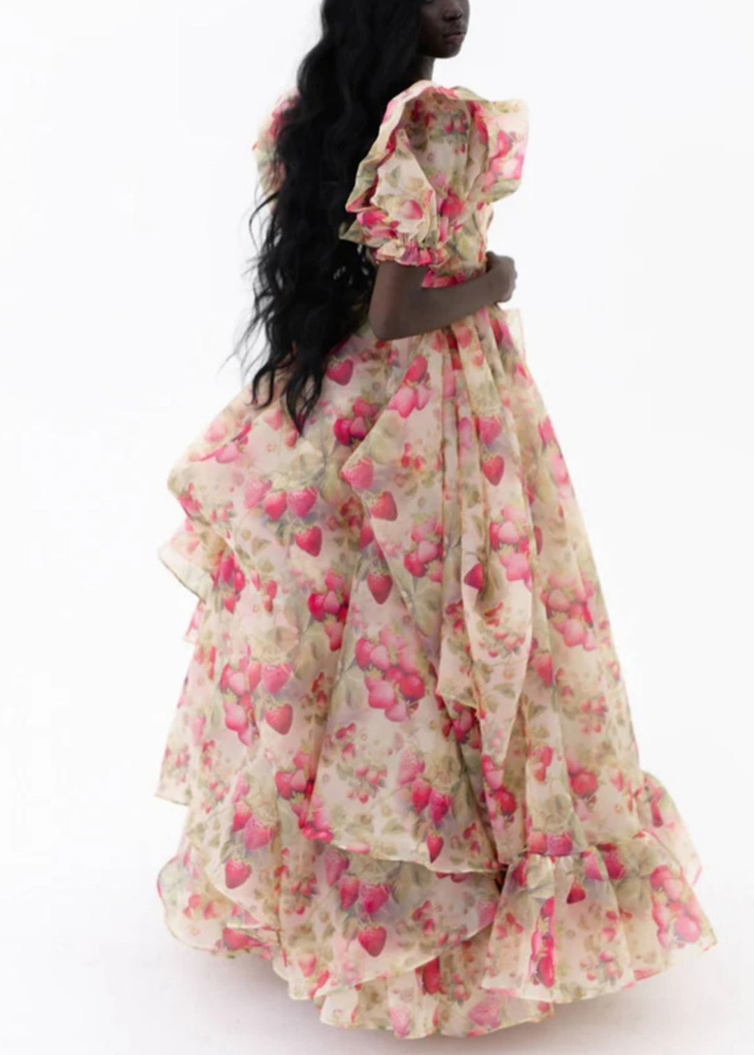 Elegant Print Ruffled High Waist Chiffon Maxi Dresses Puff Sleeve