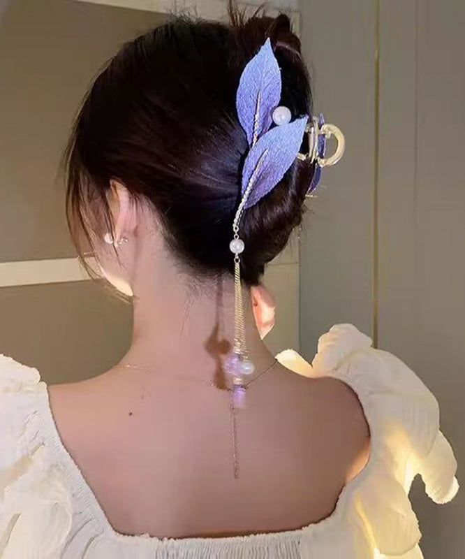 Elegant Purple Alloy Zircon Pearl Leaf Tassel Hairpin