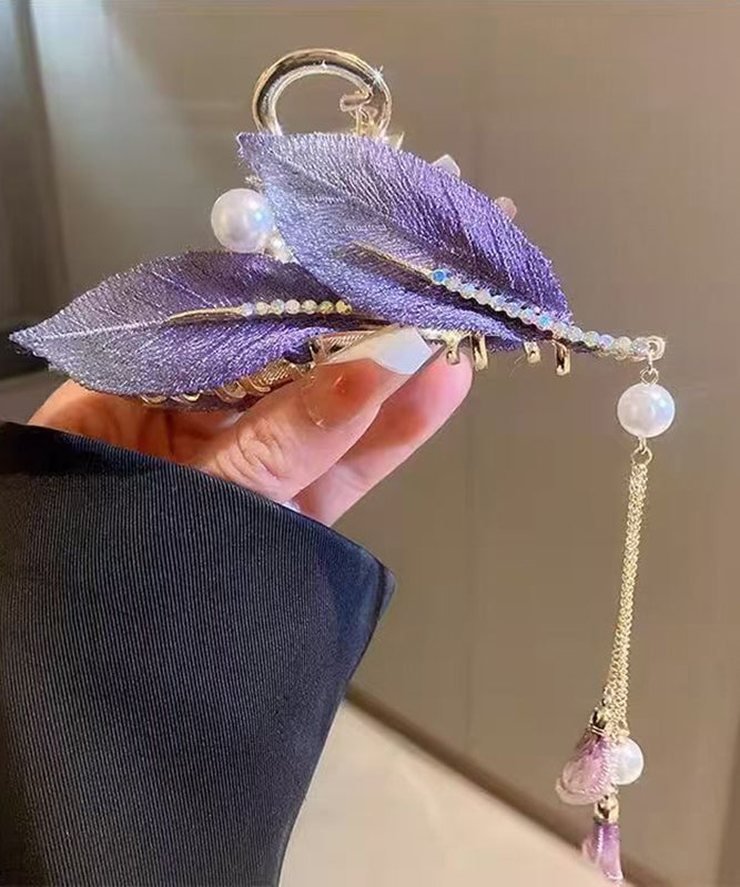 Elegant Purple Alloy Zircon Pearl Leaf Tassel Hairpin