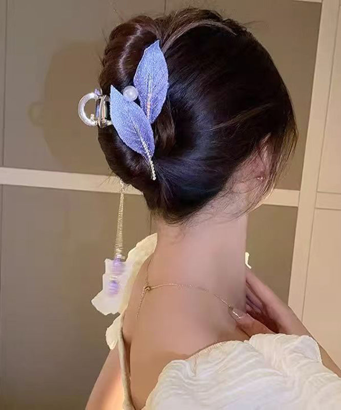 Elegant Purple Alloy Zircon Pearl Leaf Tassel Hairpin