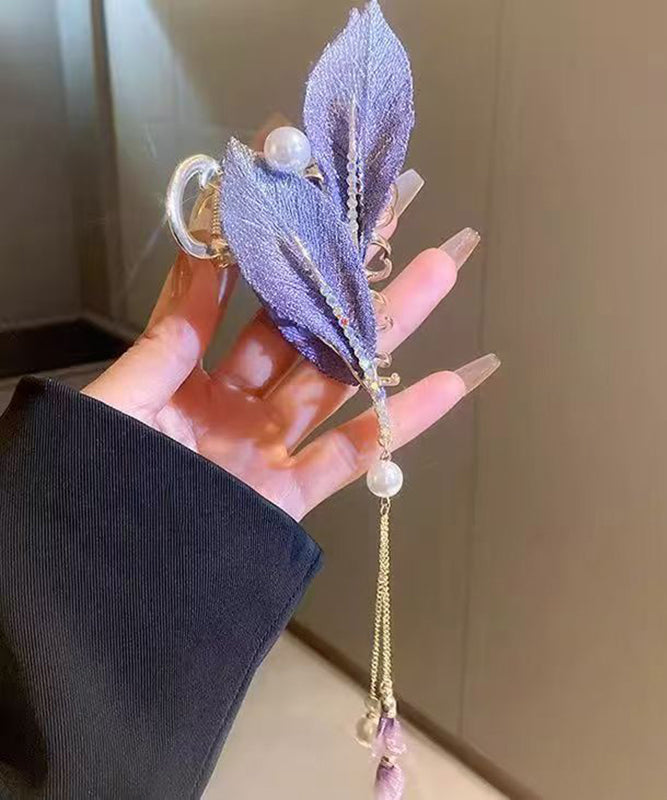 Elegant Purple Alloy Zircon Pearl Leaf Tassel Hairpin
