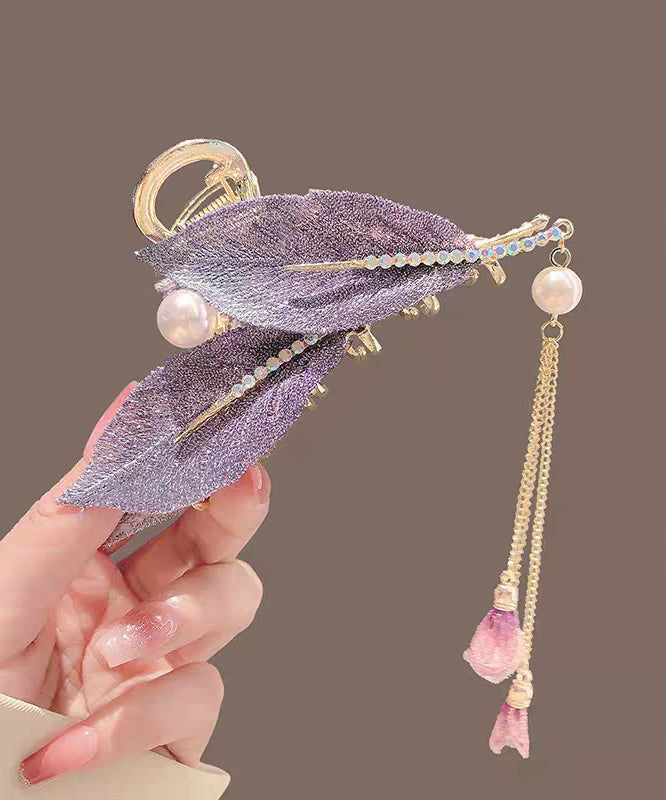Elegant Purple Alloy Zircon Pearl Leaf Tassel Hairpin