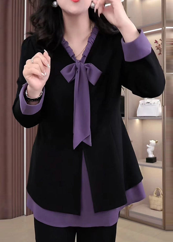 Elegant Purple Bow Patchwork Spandex Fake Two Piece Shirt Tops Fall