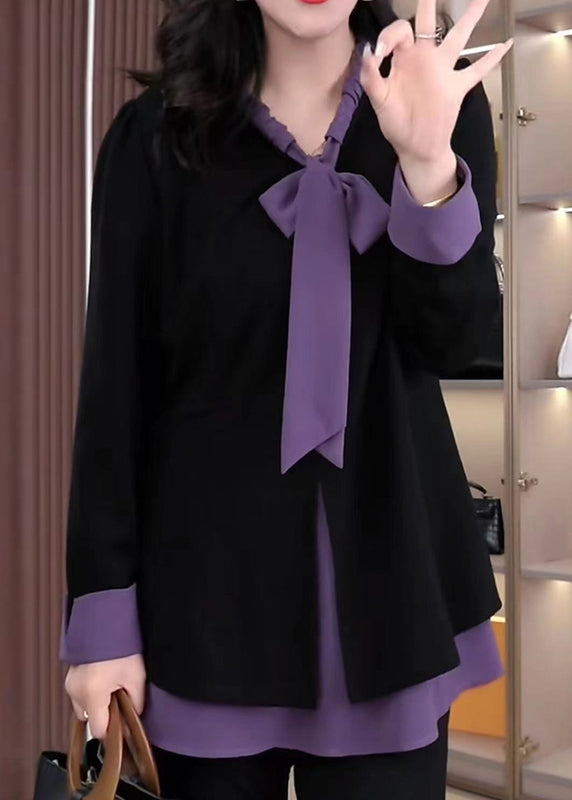 Elegant Purple Bow Patchwork Spandex Fake Two Piece Shirt Tops Fall