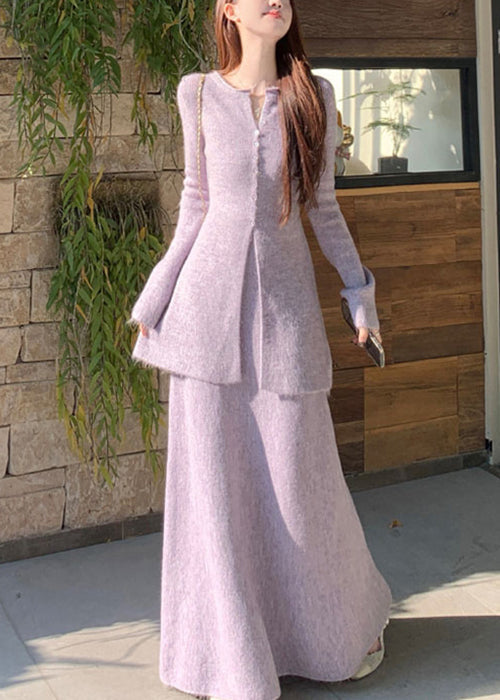 Elegant Purple Button Front Open Knit Two Piece Set Flare Sleeve