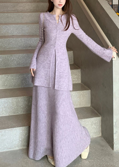 Elegant Purple Button Front Open Knit Two Piece Set Flare Sleeve