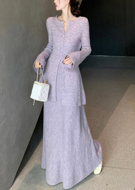 Elegant Purple Button Front Open Knit Two Piece Set Flare Sleeve