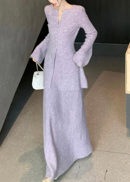 Elegant Purple Button Front Open Knit Two Piece Set Flare Sleeve