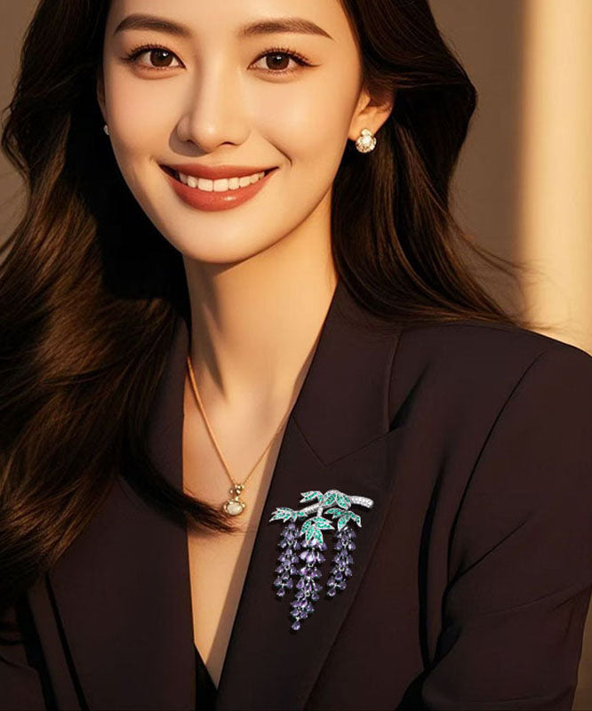 Elegant Purple Copper Zircon Wisteria Tassel Brooches