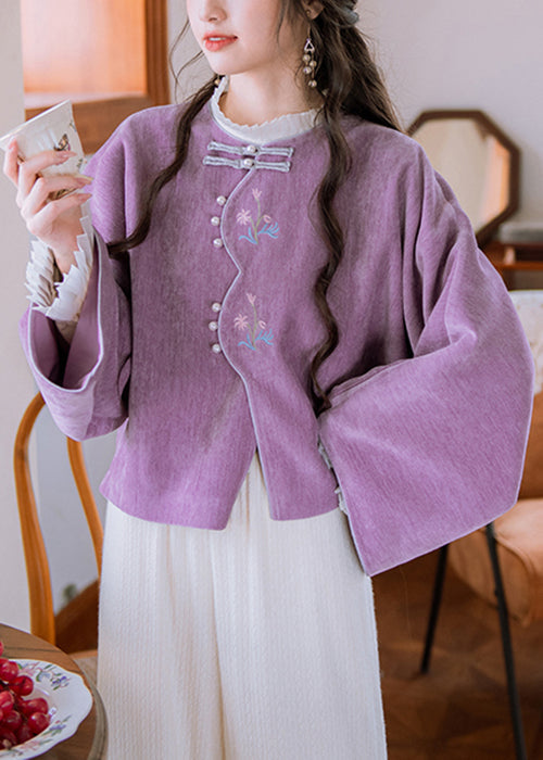 Elegant Purple Embroidered Button Cotton Coat Flare Sleeve