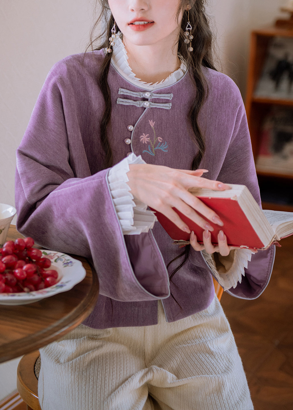 Elegant Purple Embroidered Button Cotton Coat Flare Sleeve