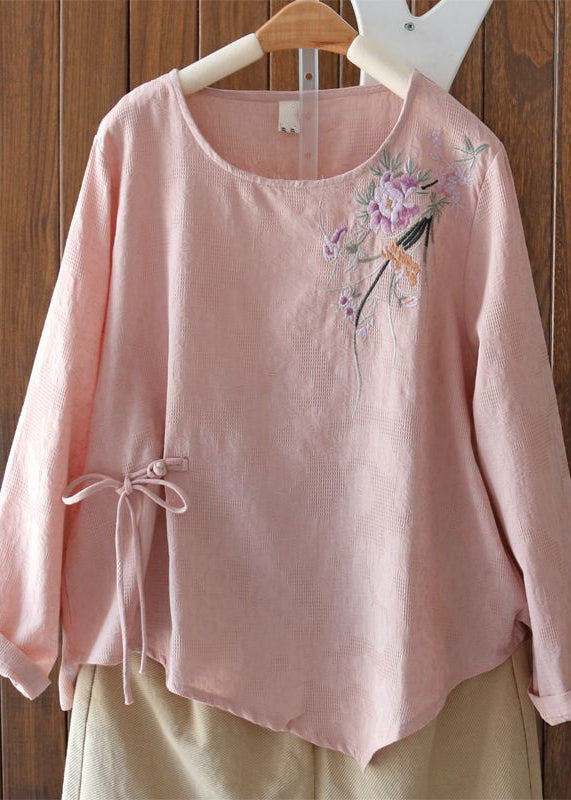 Elegant Purple Embroidered Lace Up Cotton Blouses Long Sleeve