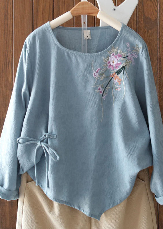 Elegant Purple Embroidered Lace Up Cotton Blouses Long Sleeve