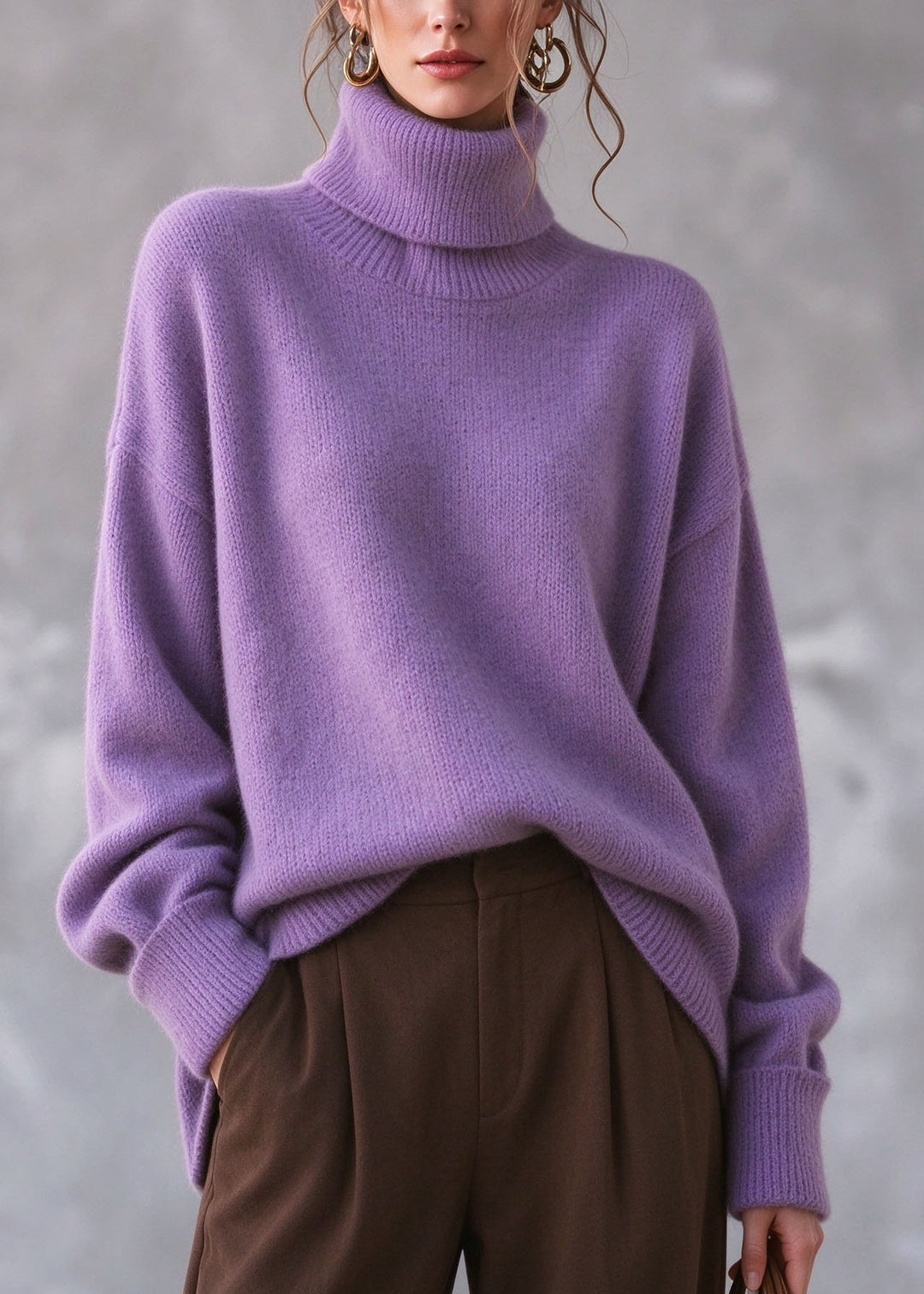 Elegant Purple Hign Neck Thick Warm Knit Sweaters Fall