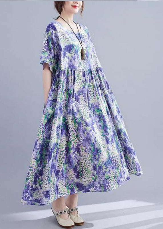 Elegant Purple O-Neck Print Patchwork Long Dress Short Sleeve